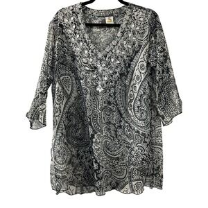 Rima Paisley Terivoile Tunic S/M Black White‎ Sequin V-Neck Boho Beach Kaftan